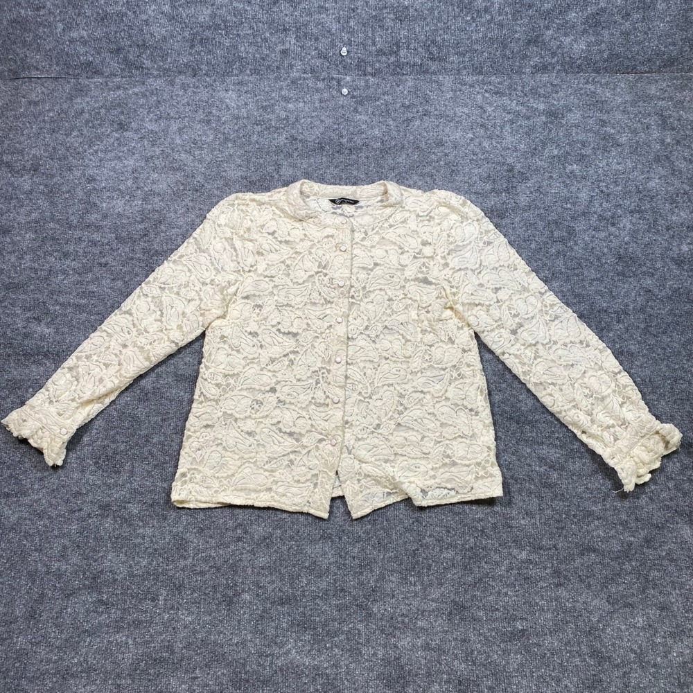 PrettyGarden Womens Cream Floral Lace Button Down Blouse Ruffle Cuff Small